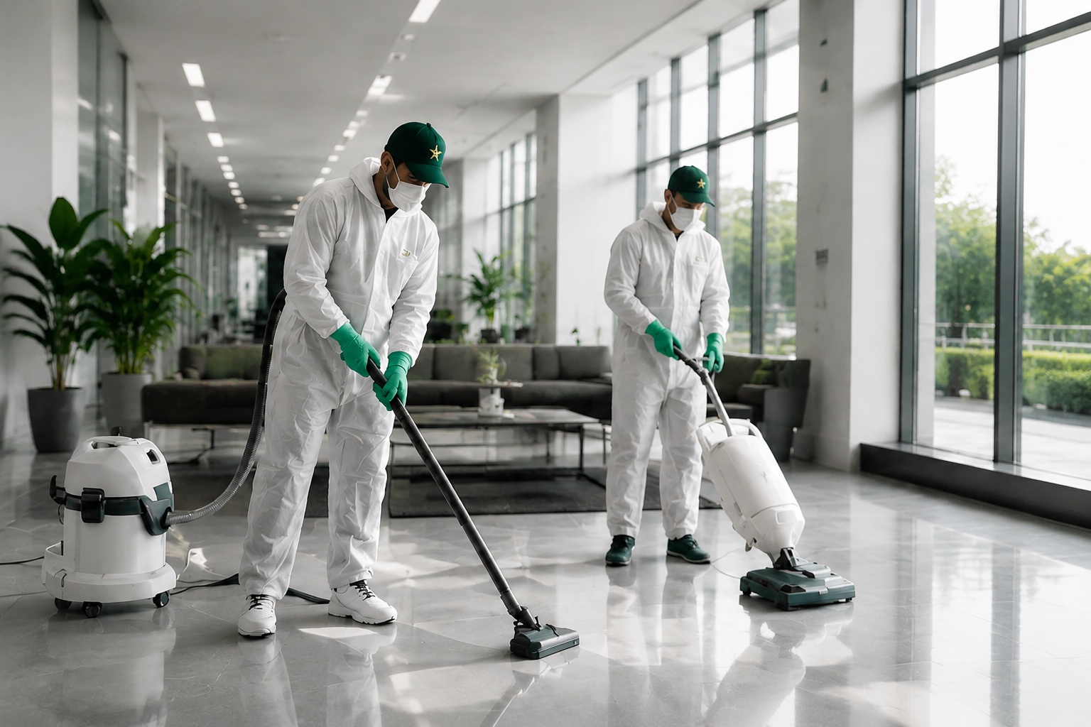 Celebrity Janitorial crews cleaning a commercial lobby